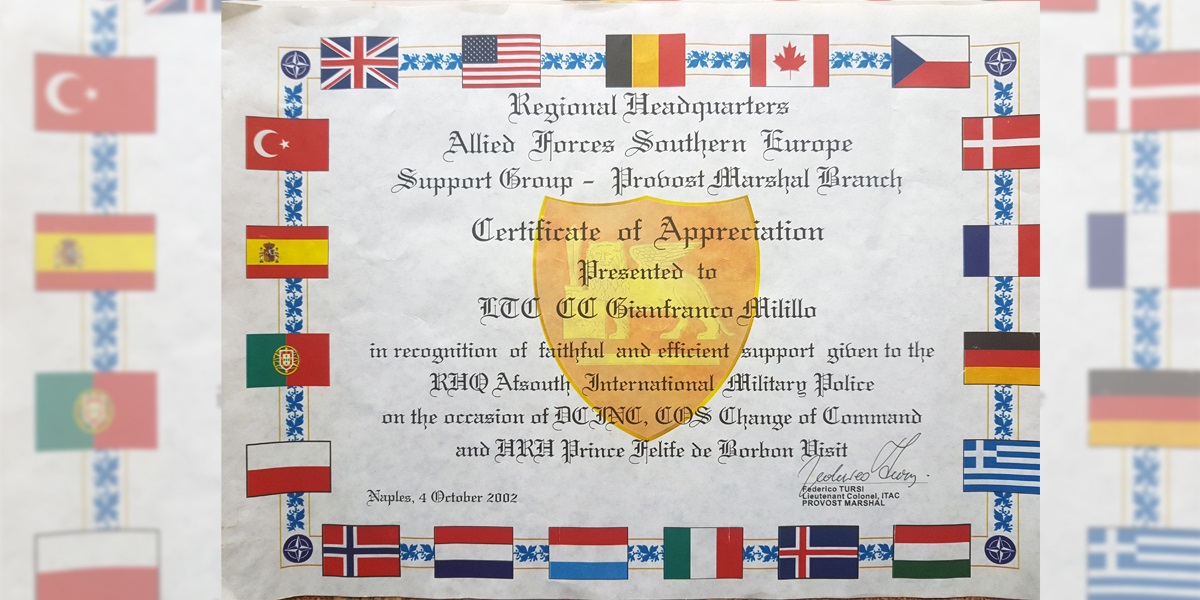 Certificate of Appreciation a Gianfranco Milillo