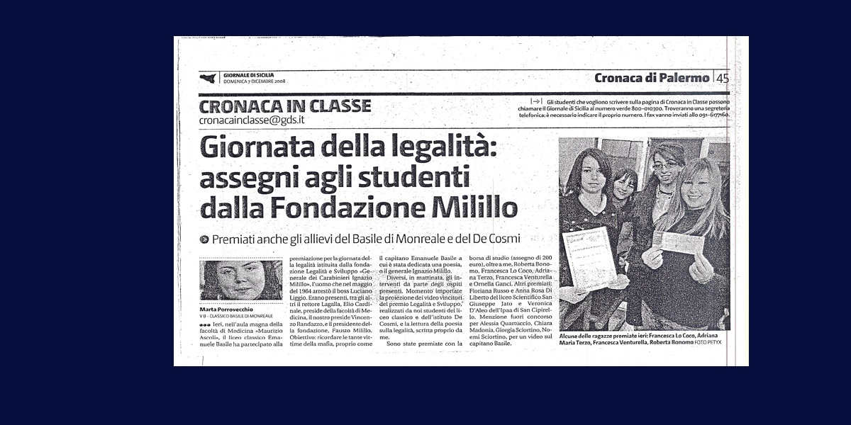 Giornata della legalita' assegni agli studenti dalla fondazione Milillo